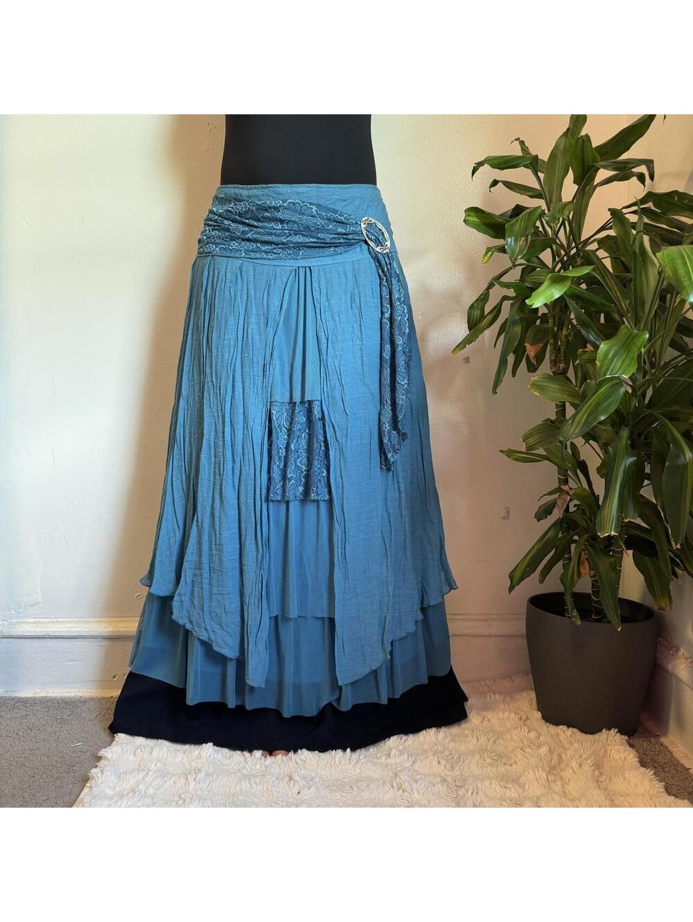 Y2k The Pyramid Collection Whimsigoth Layered Teal Linen Maxi Skirt XL